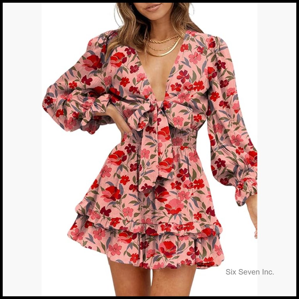 Polyester Elastane Mini Dress With Deep V Neck And Tie Knot